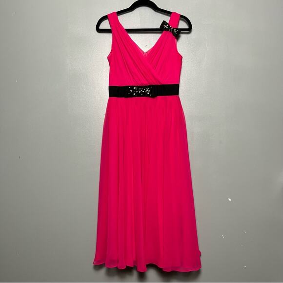 Kate Spade Chiffon Embellished Bow Midi Dress V Neck Hot Pink Women’s Size 2 - Picture 1 of 12